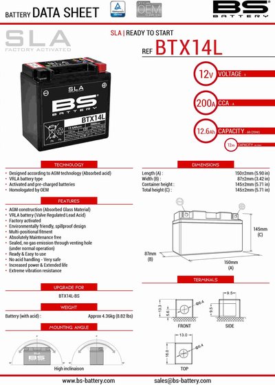 MANA 850 (2007 - 2012) btx14 sla 12v battery | BS BATTERY