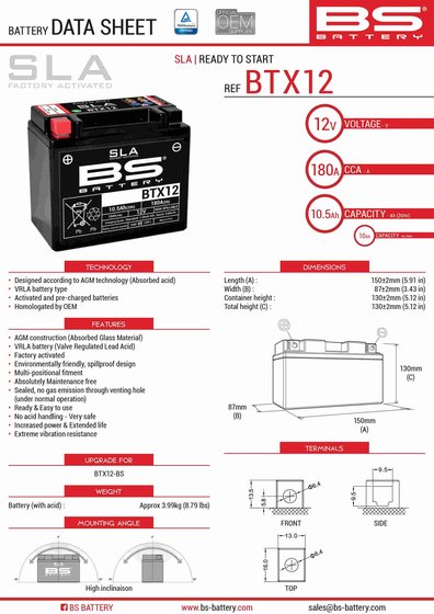 TUONO 125 (2021 - 2022) btx12 sla battery | BS BATTERY