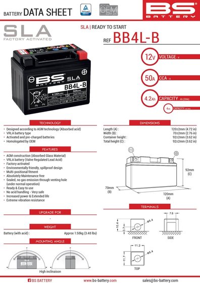 MOJITO 50 CUSTOM (1999 - 2012) bb4l-b sla battery | BS BATTERY