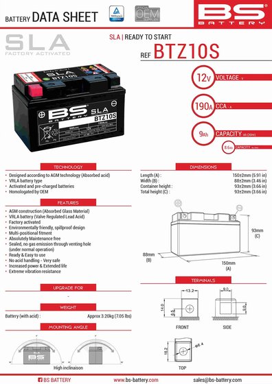 RSV TUONO 1000 (2011 - 2013) btz10s sla battery | BS BATTERY