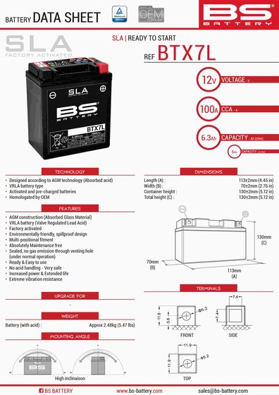 MOJITO 125 CUSTOM (1999 - 2012) btx7l sla 12v battery | BS BATTERY