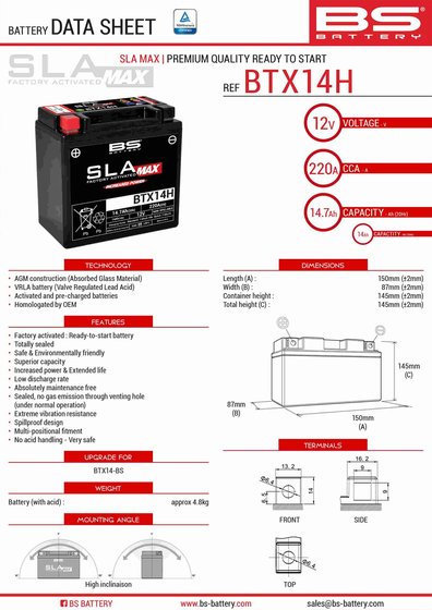 DORSODURO 1200 SMV (2011 - 2016) btx14h sla max akumuliatorius | BS BATTERY