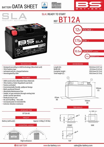 RSV TUONO 1000 (2003 - 2021) bt12a sla 12v 175 a akumuliatorius | BS BATTERY