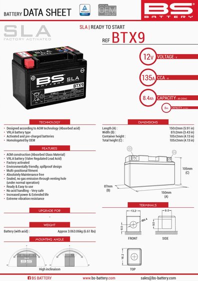 HABANA 125 (2000 - 2001) btx9 sla 12v 135 a akumuliatorius | BS BATTERY