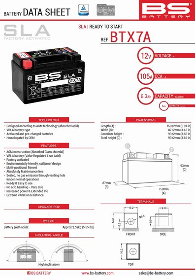 RXV 450 (2006 - 2015) btx7a sla 12v battery | BS BATTERY